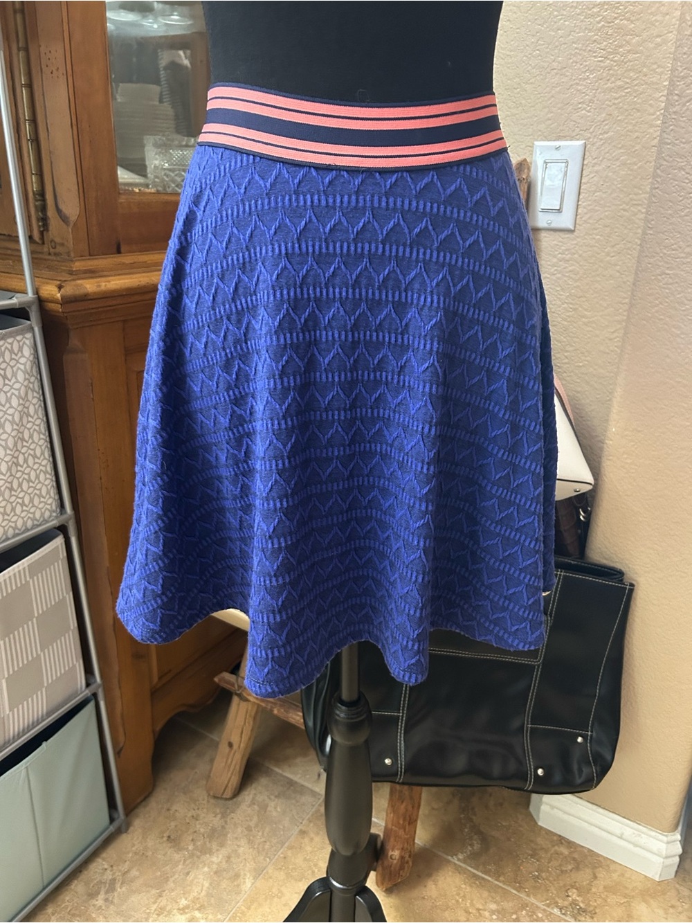 princess vera wang Blue Knit Skater Skirt with Pink Striped Waistband